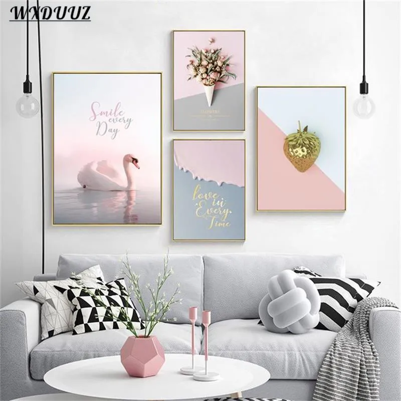 Скандинавская девушка сердце искусство Декор Картина розовый Лебедь роза цветок
