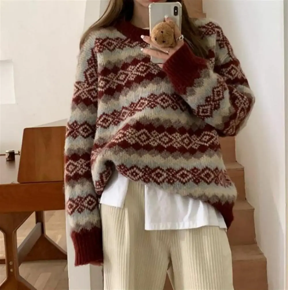 

Свитер VICABO женский с геометрическим принтом, свободный винтажный Модный джемпер с круглым вырезом, пуловер в стиле ретро, зима