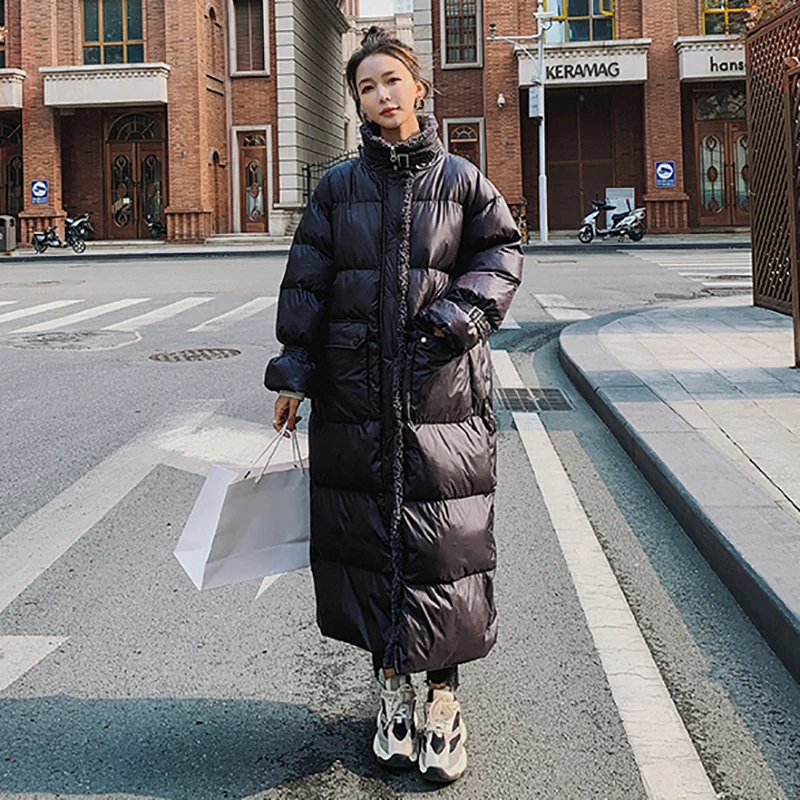 Women's Winter Mid-Length Black Shiny White Duck Down Cotton Coat Korean Style Loose Thick Lamb Wool Stitching Jacket Female M86 | Женская