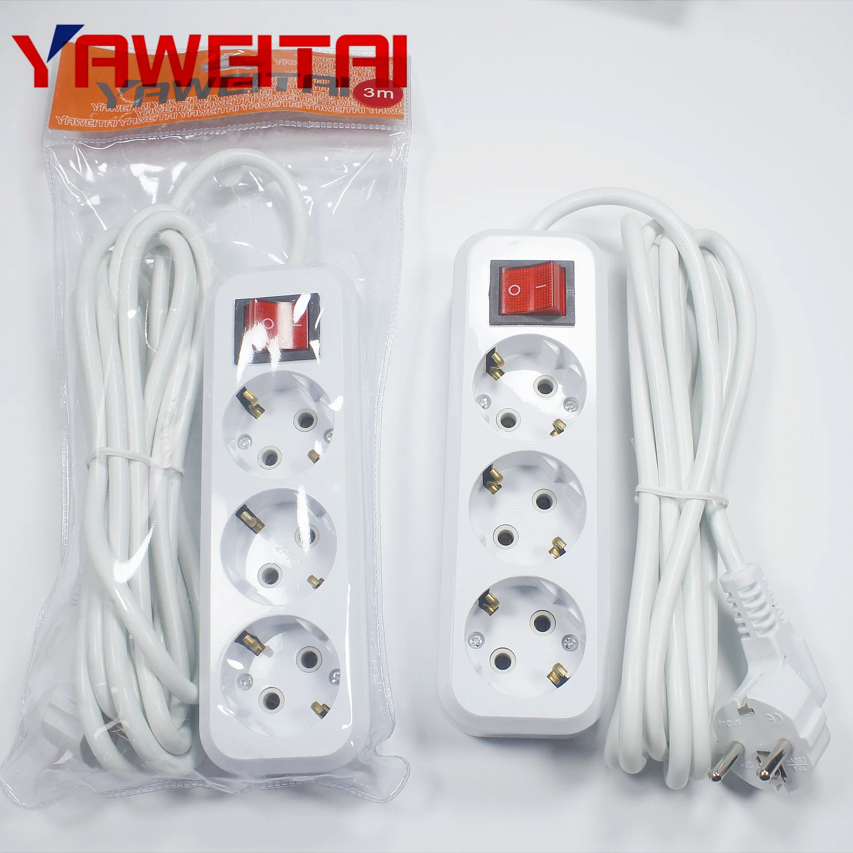 EU Standard German Type Power Strip 3 Sockets 3M in a Row Flat Adapter Light Switch with Surge Protector Extension Cable Home