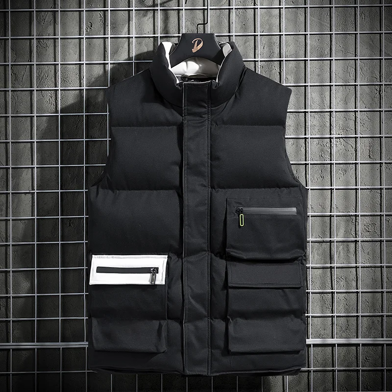Men jacket Vest winter and Autumn solid sleeveless vest fashion trend  pocket extra thick warm coat