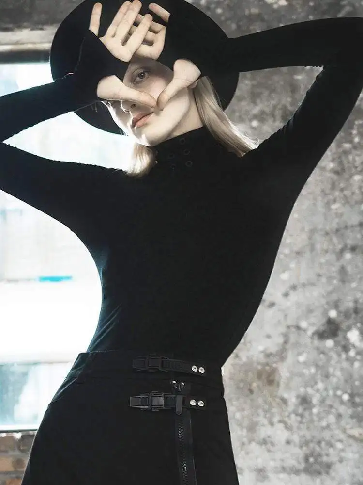 Панк Rave women's Goth с высоким воротом тонкие облегающие черные футболки Красной