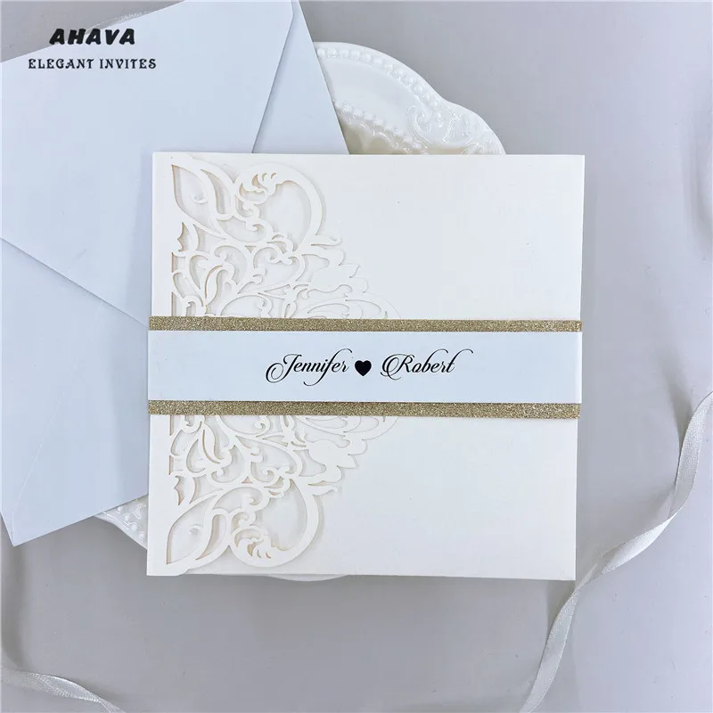 

Free Shipping 50pcs Ivory Laser Cut tri-fold Wedding Invitation Cards Kit Envelope Personalized Pocket Invite RSVP