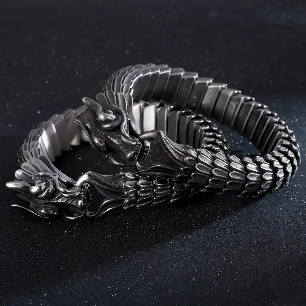 Fongten Dragon мужской браслет, Викинг, Винтаж, нержавеющая сталь, байкер, звено цепи, панк, для мужчин, старый металл, браслеты, ювелирные изделия