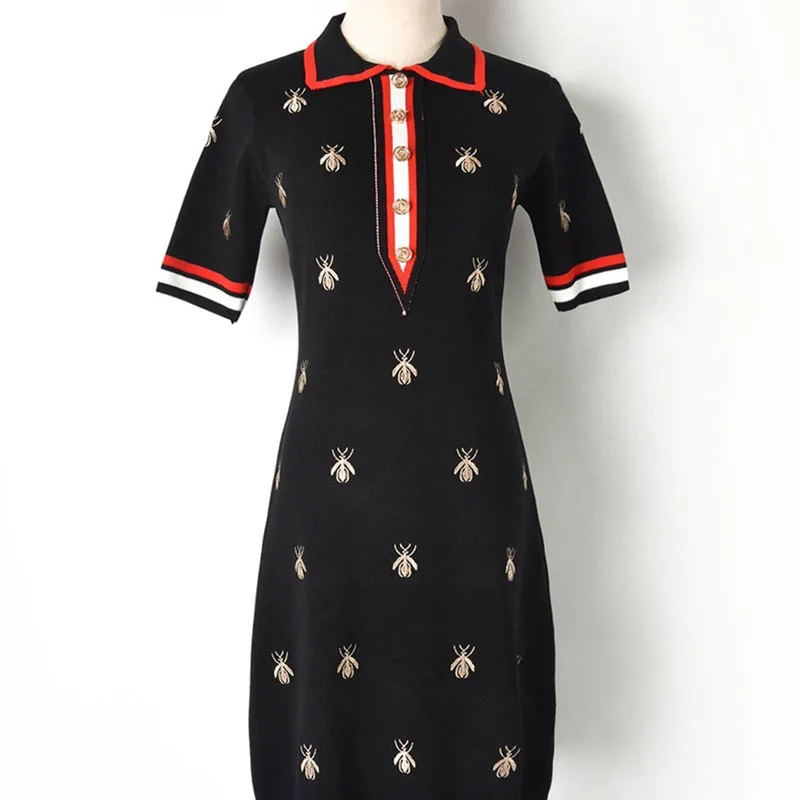

2021 Spring And Summer New Small Fragrance Style Ladies Temperament Embroidered POLO Collar Simple Knitted Slim Dress Women