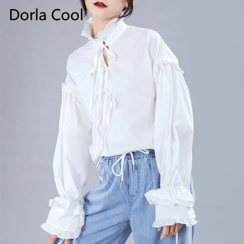 

New 2020 Spring Women Sweet Blouses Ruffles Patchwork Puff Sleeves Retro Court Stand Collar Hollow Out White Shirts Loose Tops