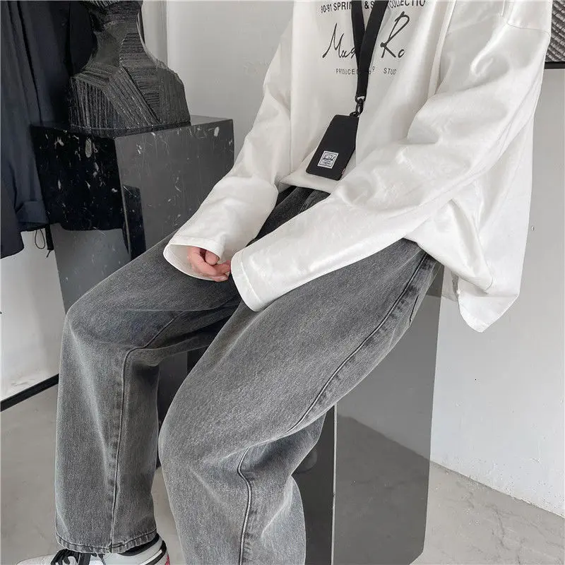 New Korean Wide-leg Jeans Men's Fashion Retro Casual Jeans Men Streetwear Loose Hip-hop Straight Denim Trousers Mens M-2XL