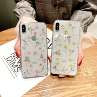 real flowers transparent soft tpu phone case for iphone 12 11 pro max x xs xr xs max 6s 7 8 plus dried flowers bling cover coque