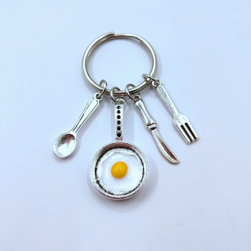 

New Fashion Cute Cook Oil Pan Fried Egg Chef Keyring Cutlery Kitchen Tableware Keychain Jewelry Gift For Children