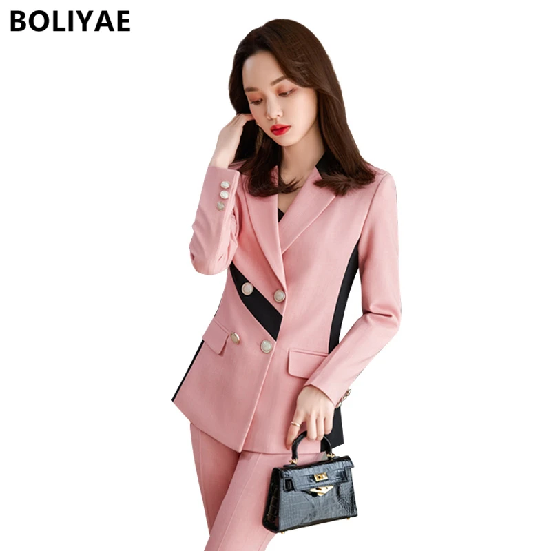 Boliyae Spring Autumn Fashion Suits with Trouser Women's Pink Double Breasted Office Long Sleeve Blazer Pantsuit Elegant Jacket