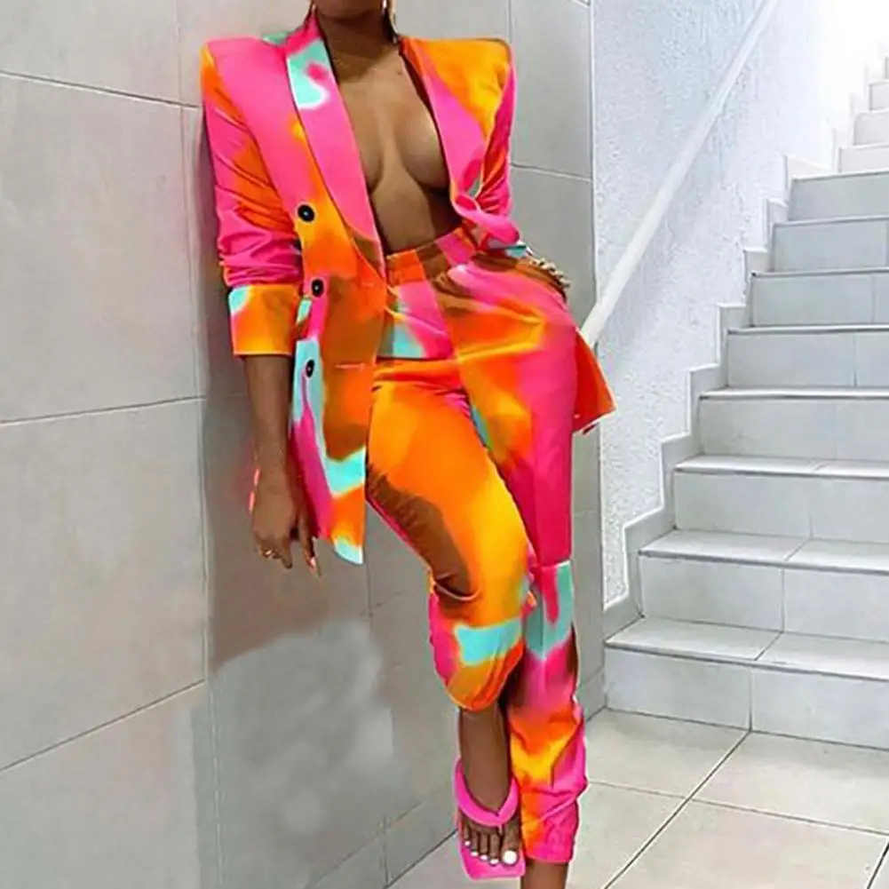 

Women Suit Lady Blazer Suit Cardigan Colorful Printed Leisure Eye-catching Right Angle Shoulder Tie Dye Pants Suit for Autumn