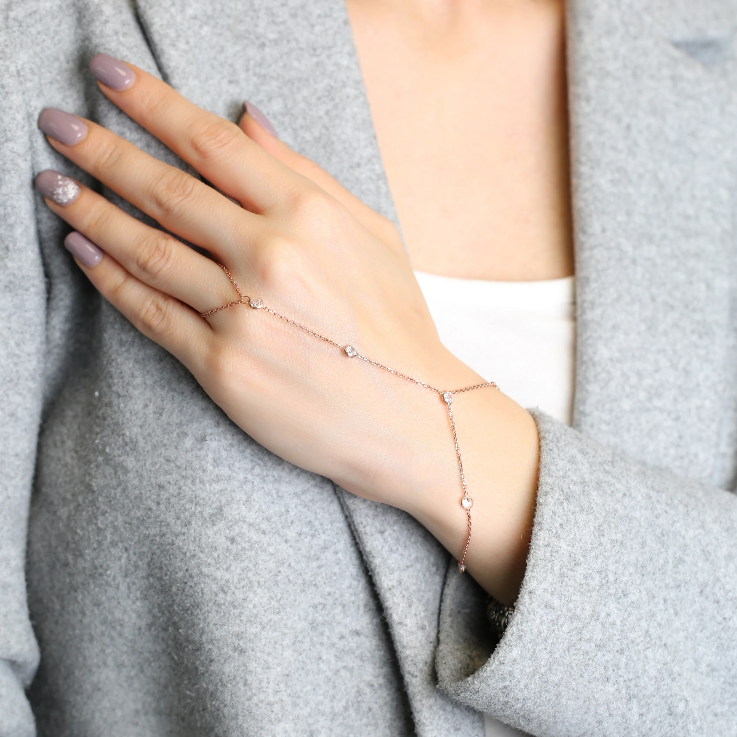 

Silver Beaded Zircon Chain Ring Bracelet Turkish Handmade 925 Sterling Silver Slave Bracelet