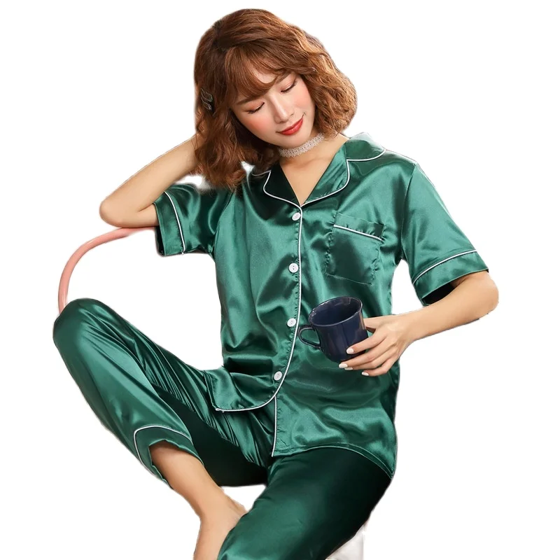 

Пижама из искусственного шелка, атласная пижама с отложным воротником, короткие пижамные комплекты полной длины, Женская домашняя одежда, р...