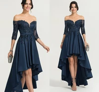 high low navy blue prom dress off the shoulder asymmetrical satin evening party gowns for homecoming customed robes de soir%c3%a9e
