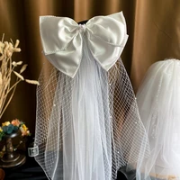 white satin bow veil hair clips fairy bride hairpin side clip bridal hair wear wedding hair accessories