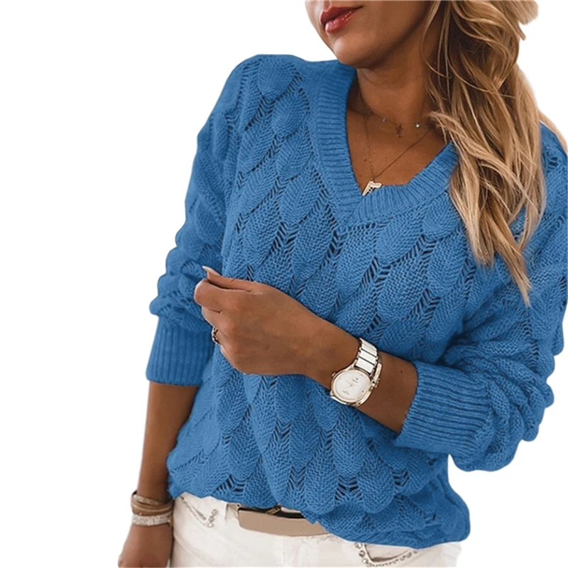 

2020 Fashion Trend Women Knitted Sweater Autumn Winter Hollow Out Feather Pattern Long Sleeve V-neck Pullover Casual Tops