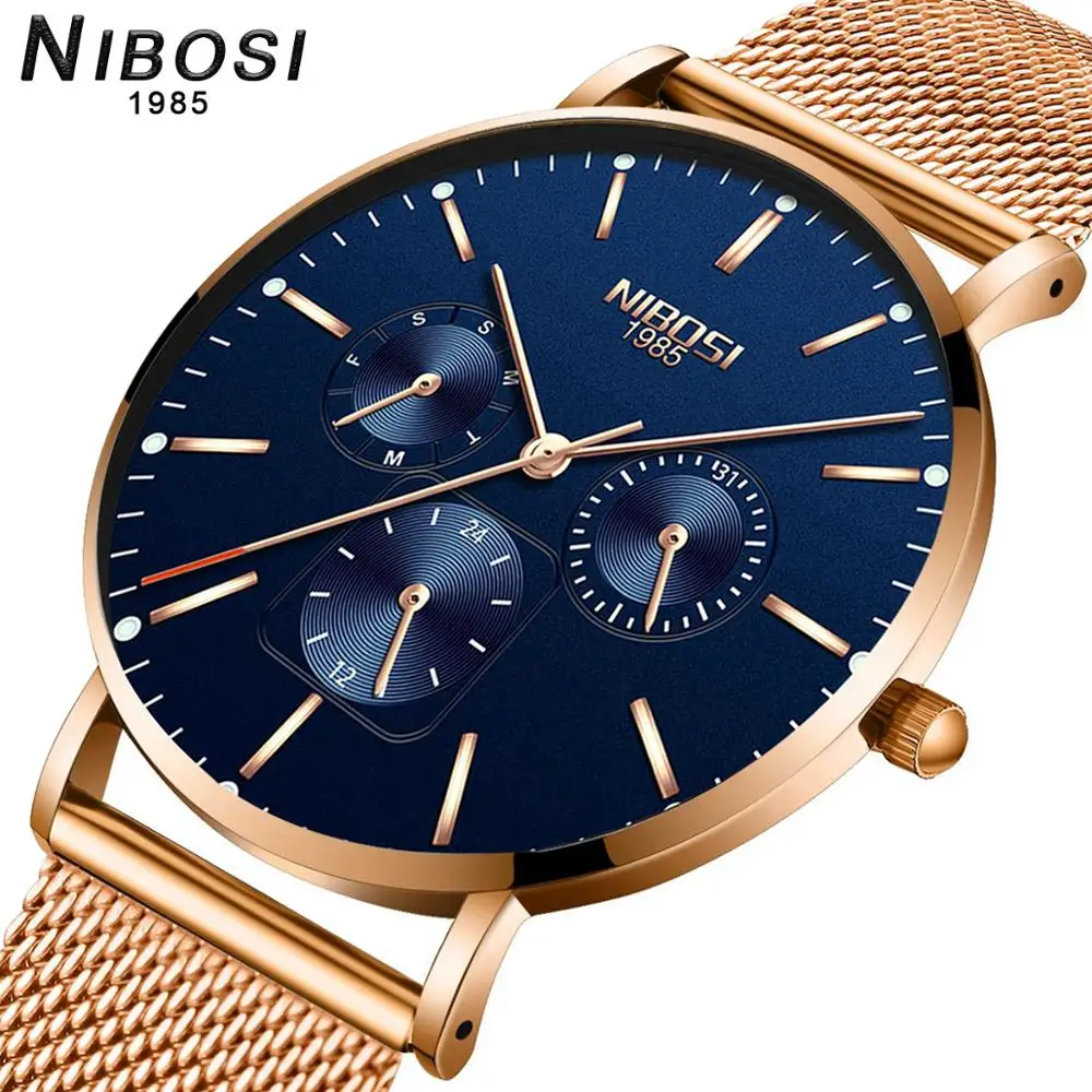 NIBOSI мужские часы ультра тонкие кварцевые из нержавеющей стали с сетчатым