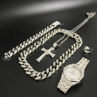 luxury men watch necklace braclete ring combo set ice out cuban watch hip hop crystal miami neckalce chain for men