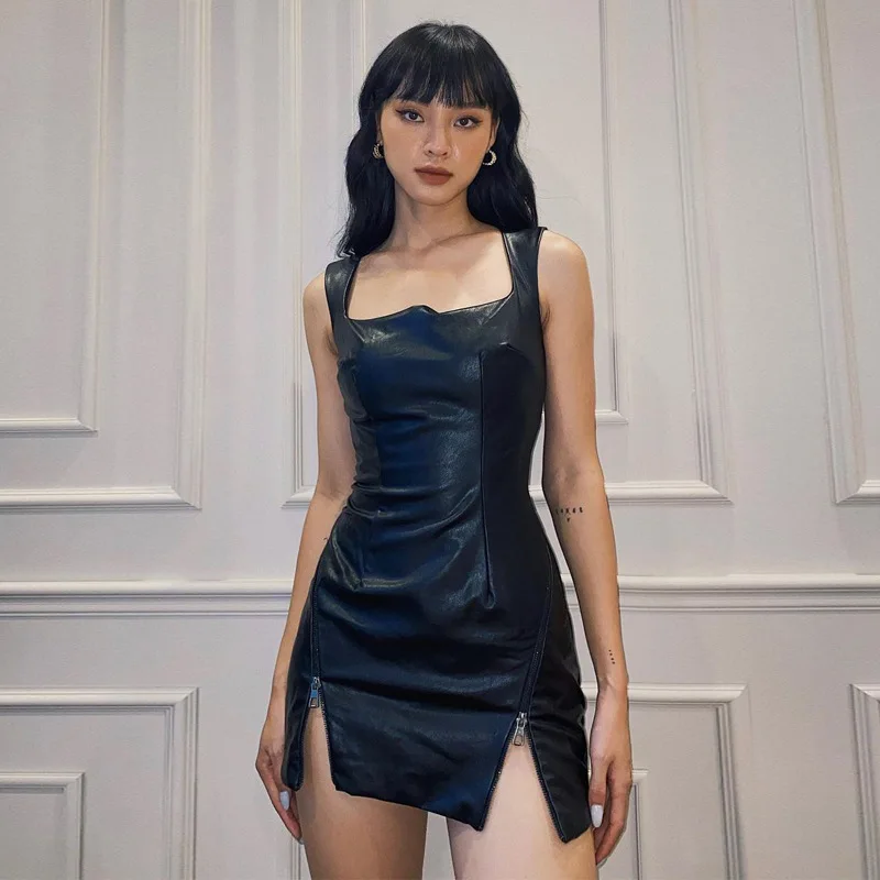 

Black Square Collar Leather Dress Spring New Women Clothing Pure Color Elegant Zipper Slim Fit Splicing Sheath Dress Summer Wear