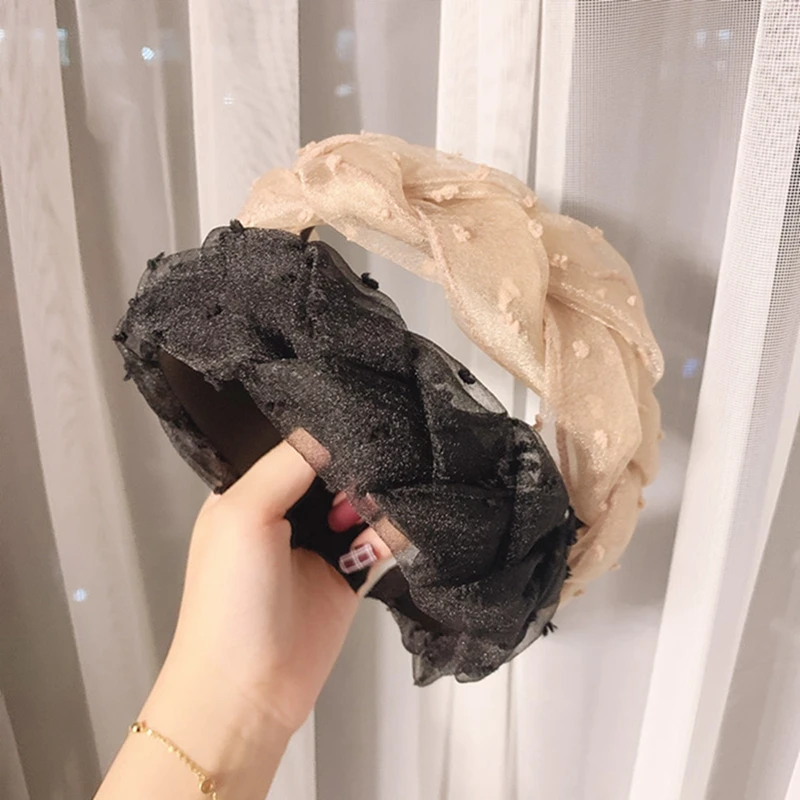 Обруч для волос из органзы модный плетеный ободок в горошек дизайнерский