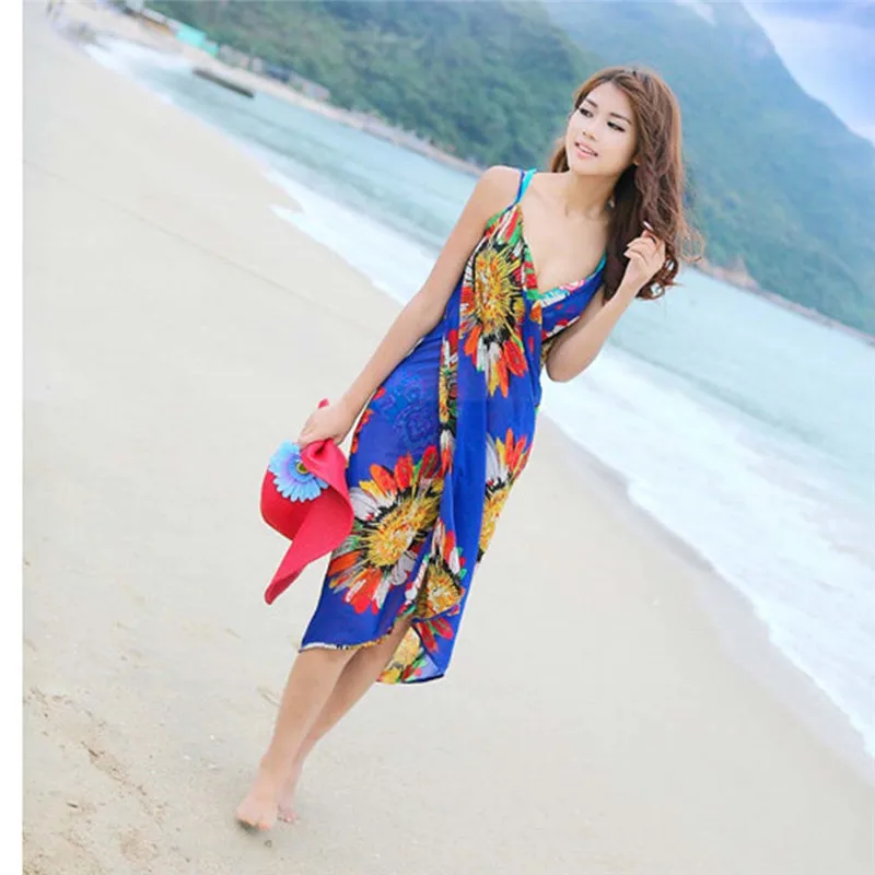 

Sexy Cover-Ups Beach Dress Women Halter Sling Chiffon Beach Towel Bikini Wrap Pareo Skirts Open-Back Printed Swimwear