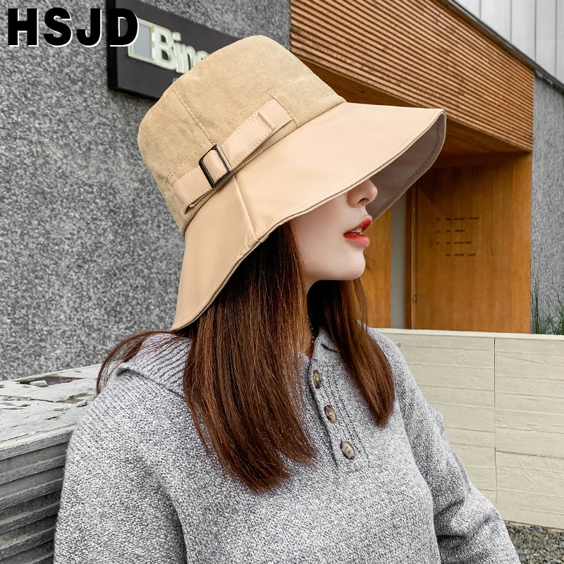 

Belt Bucket Hat Women Autumn Winter Faux Leather Fisherman Hats Plain Fishing Cap Panama Large Brim Hats for Women Female Caps