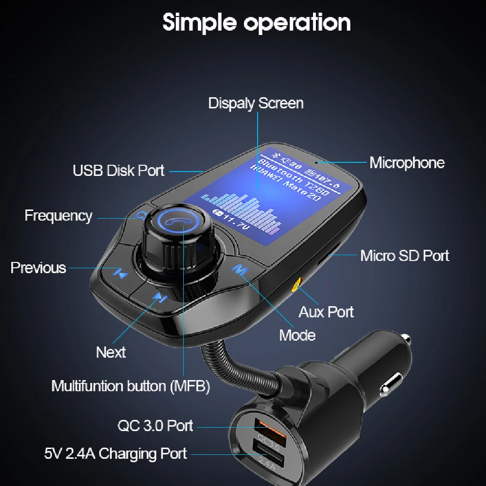 Автомобильный Bluetooth fm-передатчик без рук MP3-плеер цветной большой экран пусковой приемник QC3.0 Bluetooth радио передатчик T26D