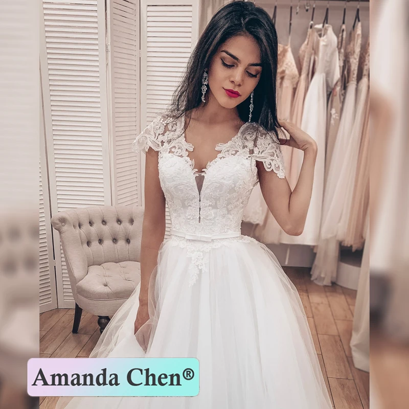 

robe de mariee Cap Sleeve Lace Applique Satin Belt Wedding Dress