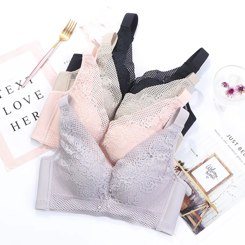

New Style Sandwich Non-Steel Ring Mulberry Silk Bra Push Up Women's Size Thin Breast Hugging Large Cup Lace Underwear