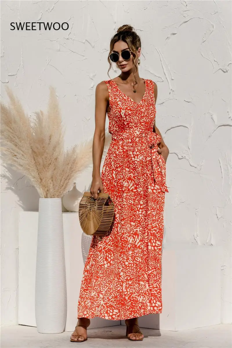 

2021 Summer Women Leopard Print Tank Long Dress Sexy Backless V-Neck Bandage Boho Beach Dress Vintage Black Robe Femme