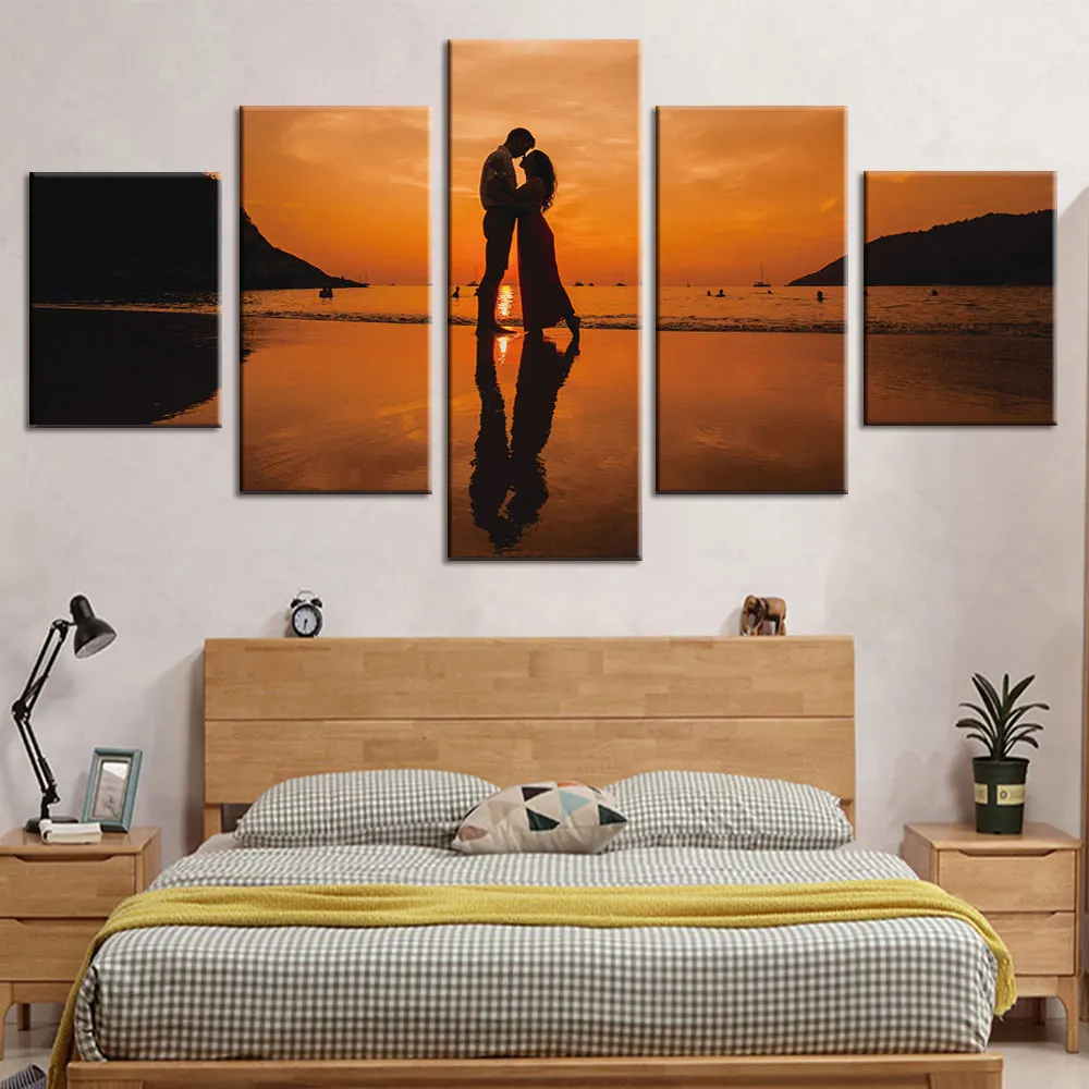 

Artsailing Kissing Lovers In The Sunset Painting HD 5 Pieces Wall Pictures Canvas Home Decor For Living Room Free Shipping Frame