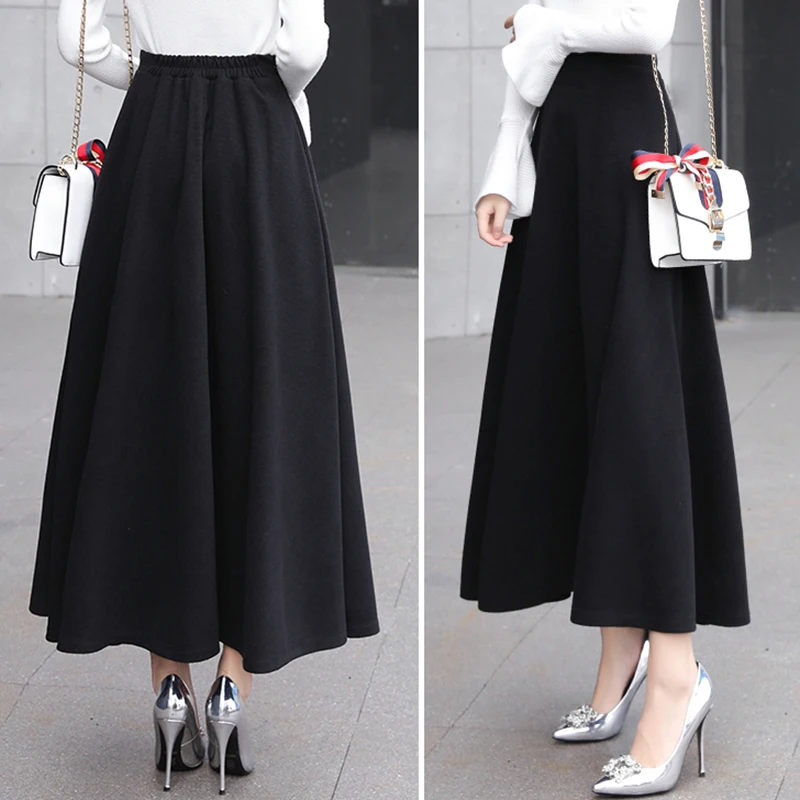 High Waist Woolen Skirts Womens Winter 2018 Fashion Streewear Wool Long Pleated Skirt With Belt Casual Ladies Saia Longa Black