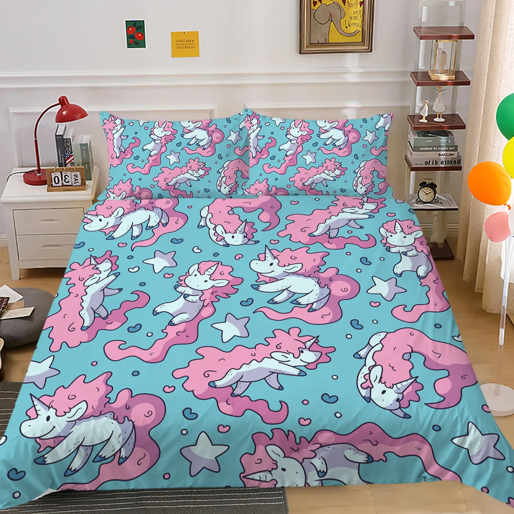 

Cartoon Bedding Set Luxury Unicorn Design Comforter Cover Set 2/3 Pcs Girls Children Bedclothes Bed Gift Dropship