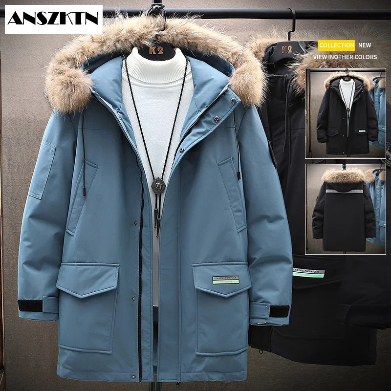 

ANSZKTN new arrival Winter Men Down Jacket with Real Fur Fashion Casual Down Parka Men Thicken Hooded Couple Women Down Jackets