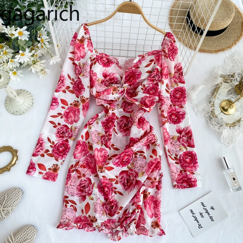 Gagarich Women Elegant Dresses Femme Sweet Floral Print Pleated Irregular Short Vestidos Spring Square Collar Full Dress Fairy | Женская