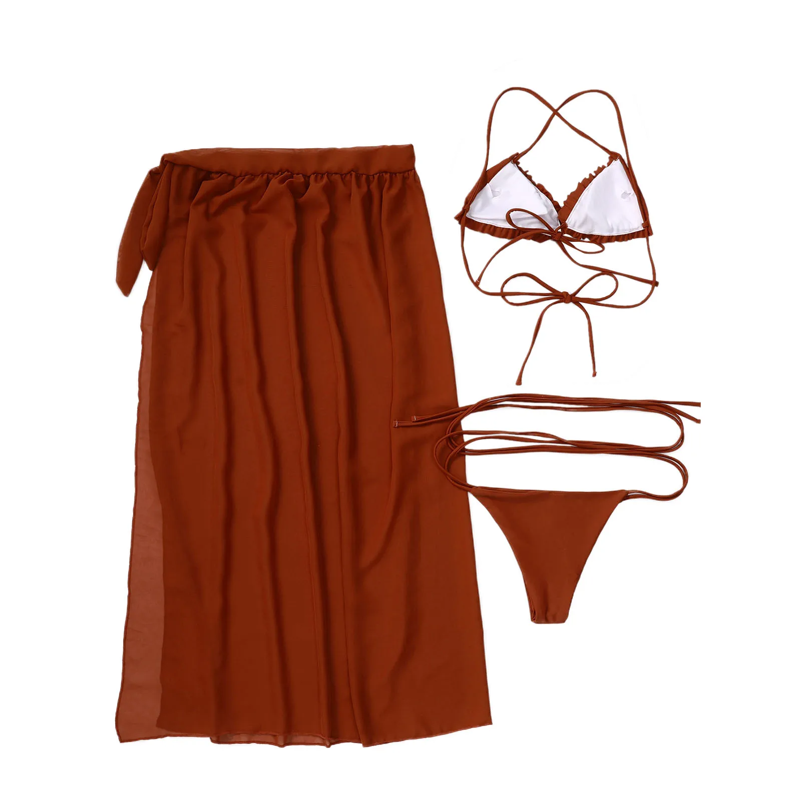 

Women's Sexy 3Pcs Bikini Sets Fashion Lady Girls Solid Ruffles Halter Tops Bandage Thong Skirt Cover Suits Beachwear Bathing