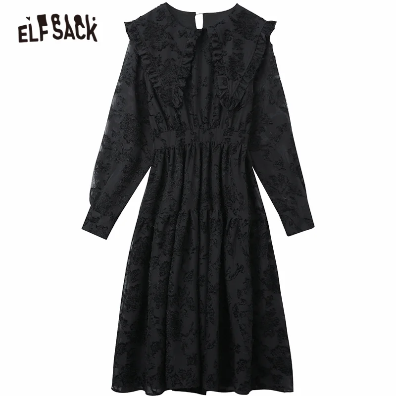 

ELFSACK Solid Contrast Lace High Waist Casual Dress Women,2021 Spring ELF Vintage Full Sleeve Korean Female,Party Dresses