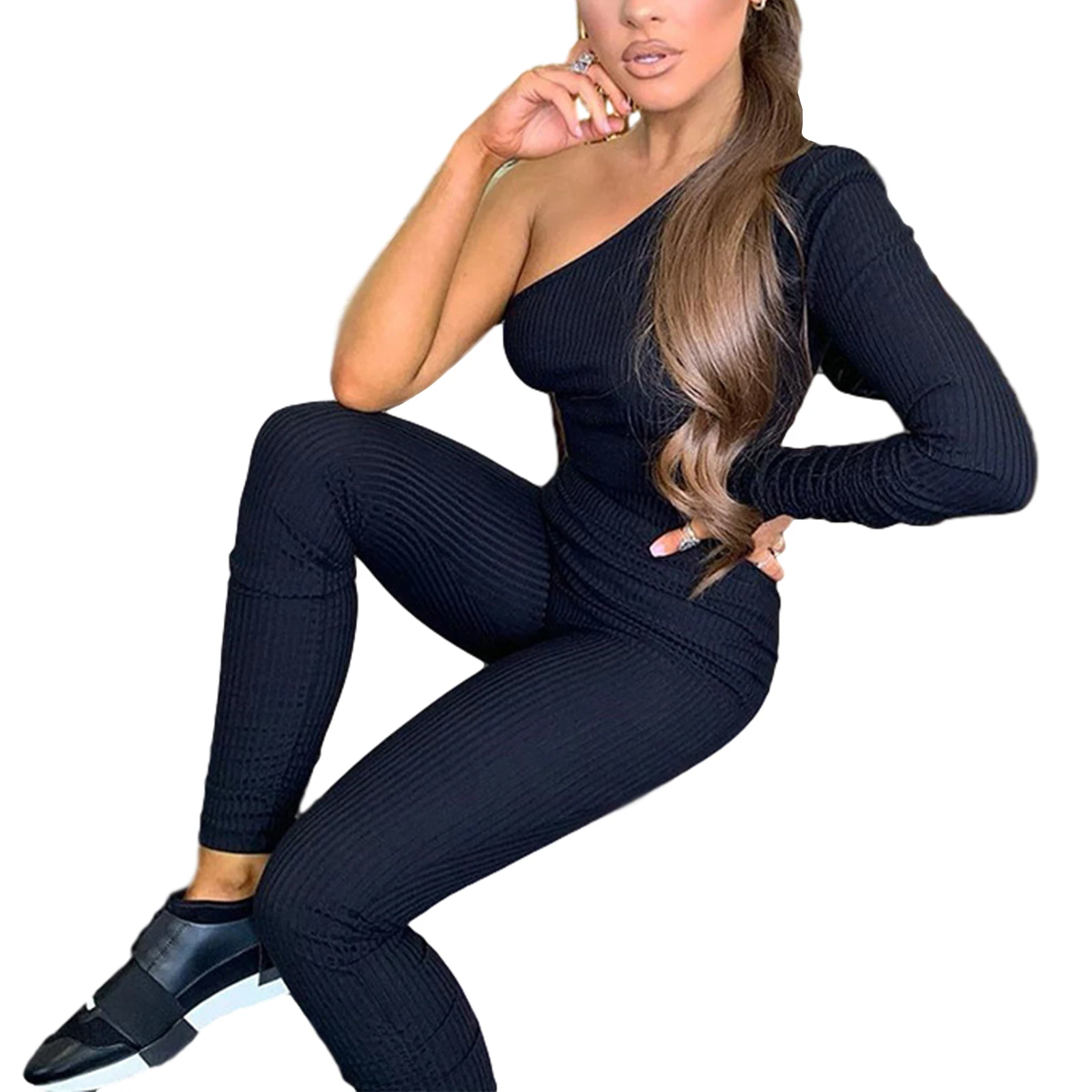 

2 Pcs Woman's Solid Color Striped Casual Suit Sexy One-shoulder Long Sleeve Bare Midriff Top Slim Elastic Pencil Pants Set