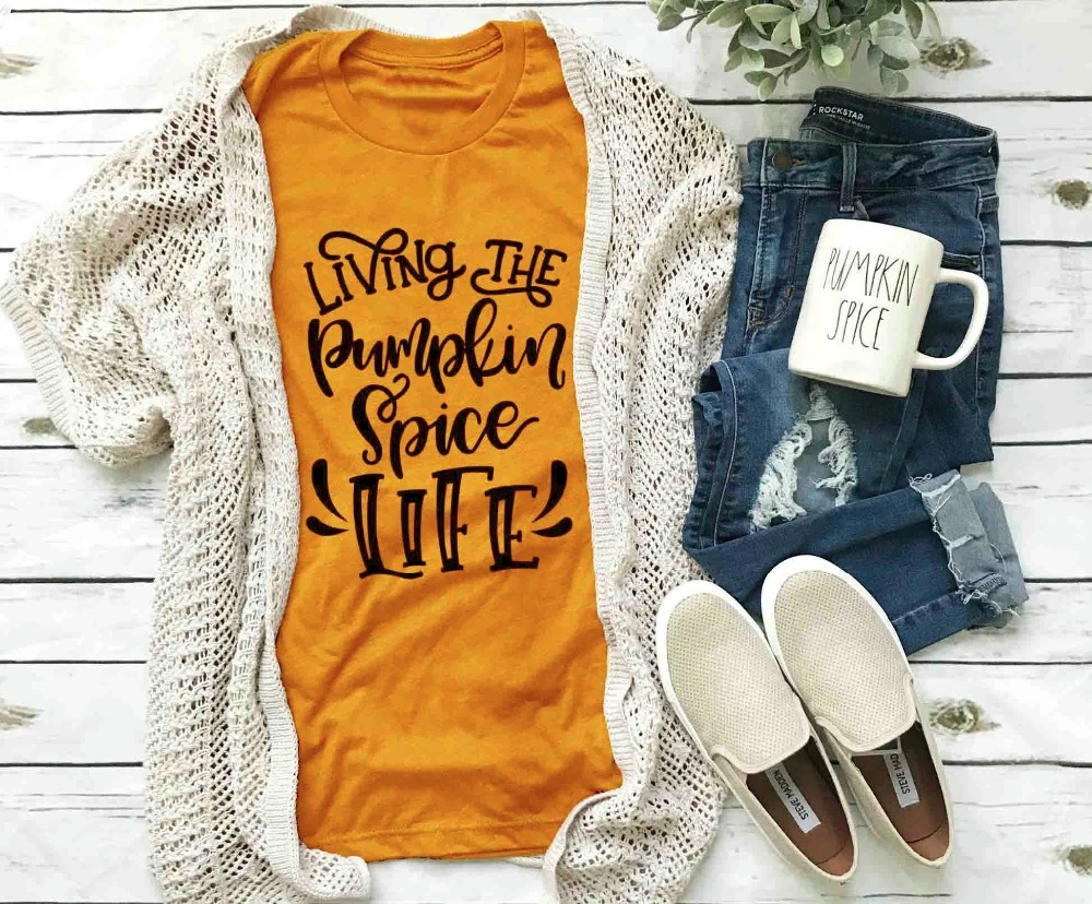 

Living the Pumpkin Spice lift t-shirt women graphic Halloween party style women fashion tumblr shirt gift goth tee tops- J919