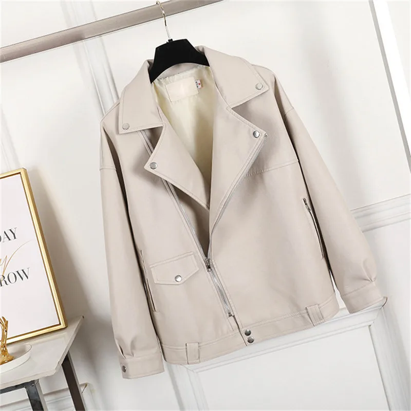 

2021 Autumn New Beige Faux Leather Jacket Women Casual Oversized Motorcycle Biker Leather Coat Female Soft PU Loose Outerwear