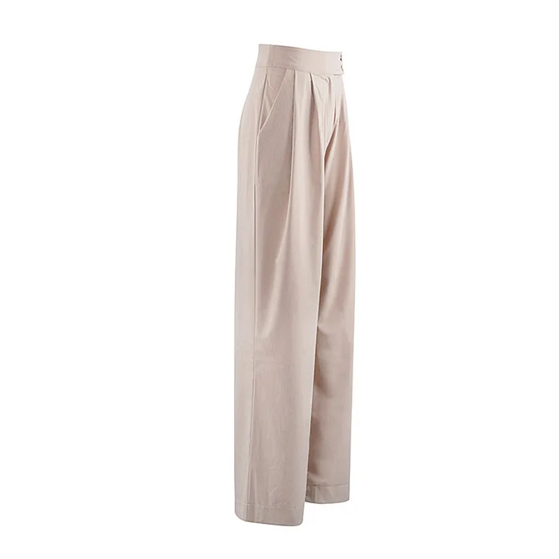 

Women Autumn Pants 2020 New Fashion Solid Iced Silk Wide Leg High Waist Button Pocket Straight Casual Full Length Femme Trousers