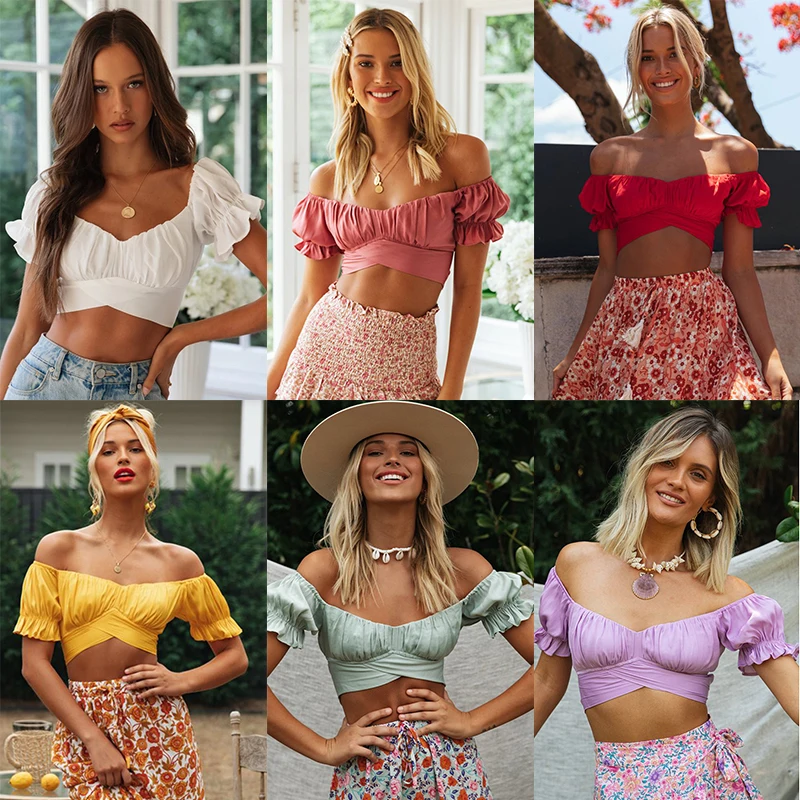 Spring/Summer 2020 new Europeanstyle lantern short-sleeve square V neck crop navel back neckline drape pure color short blouse