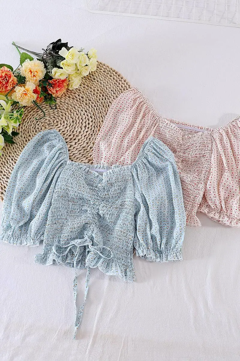 

Summer 1463 Korean Style Slimming and Short Trendy Small-Fresh Floral Drawstring at Hem Wooden Ear Bubble Sleeve Chiffon Shirt