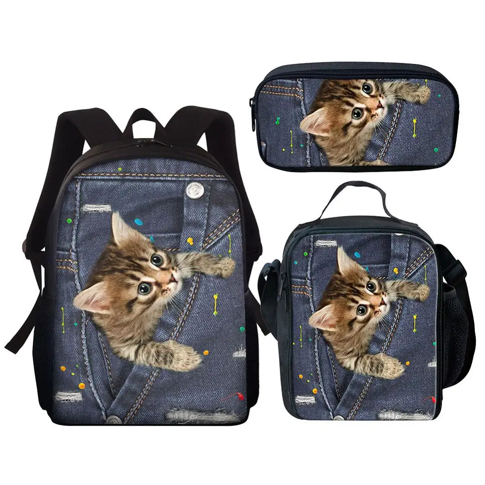 

Джинсовый карманный рюкзак для мальчиков и девочек, детские сумки для книг с 3D рисунком кота, школьная сумка для детского сада и школы, студе...
