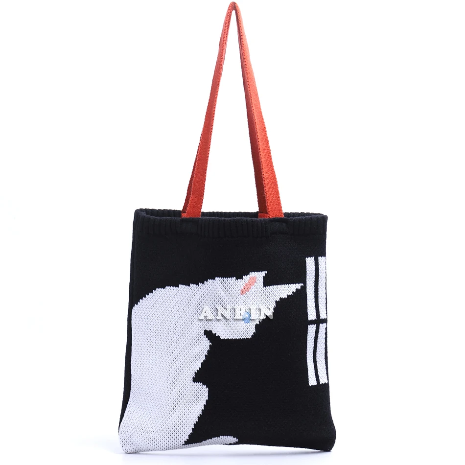 

Winter Cat Pattern Knitting Top-handle Tote Bag Female Korean Japanese Style Stylish Casual Daily Handbag Shopping Bag Foldable
