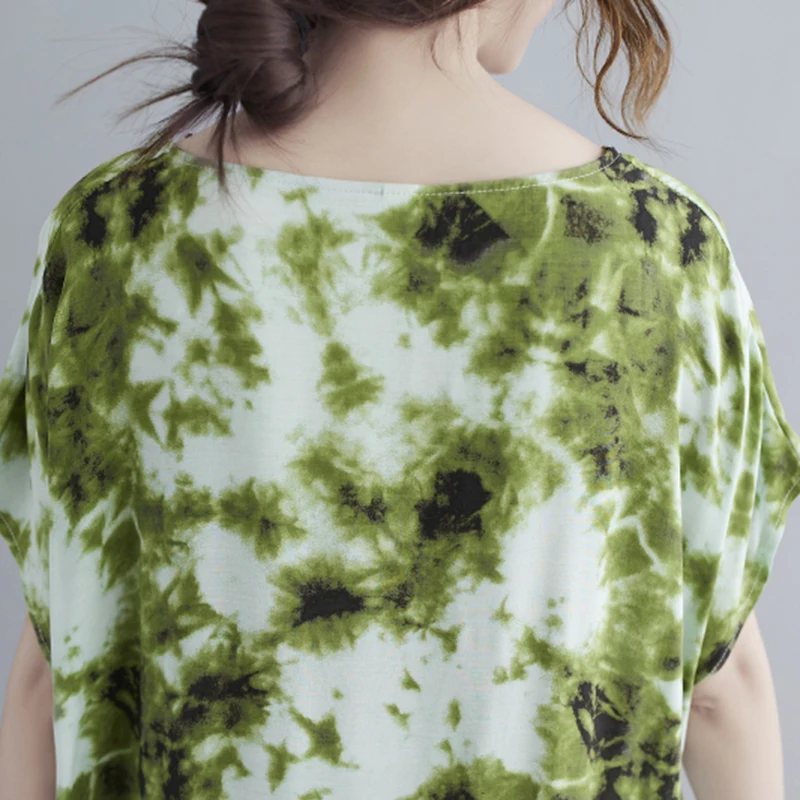 

CHICEVER Tie Dye Dress For Women O Neck Short Sleeve Ankle Length Loose Hit Color Pullover Dresses Females Fashion Clothing 2021