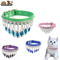 suprepet tassel diamond cat necklace pu leather adjustable kitten collar retro gemstone pet collars dog puppy accessories