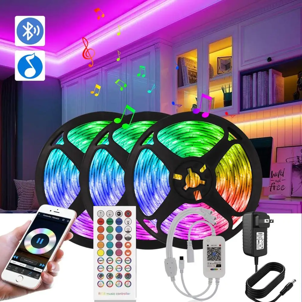 

5M 10M 15M Bluetooth LED Light Strip RGB SMD 2835 Flexible Ribbon DC 12V Waterproof Tape Diode 40 Keys Control room decoration