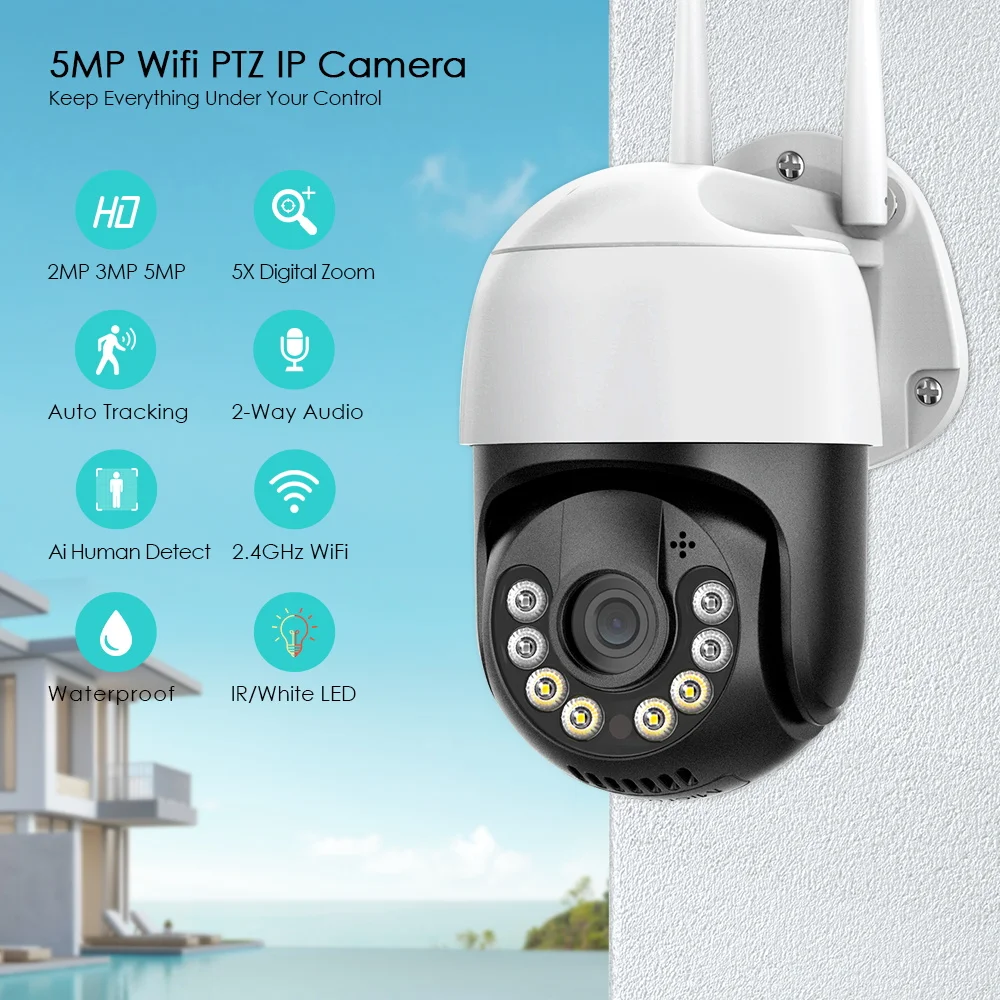 Беспроводная IP-камера видеонаблюдения 5 МП PTZ Wi-Fi 1080P аудио AI с автоматическим