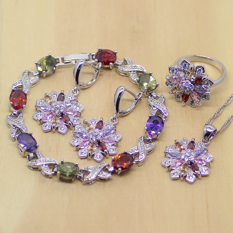 

Flower Green Red Purple Pink White CZ Women 925 Sterling Silver Jewelry Sets Earrings/Pendant/Necklace/Ring/Bracelet